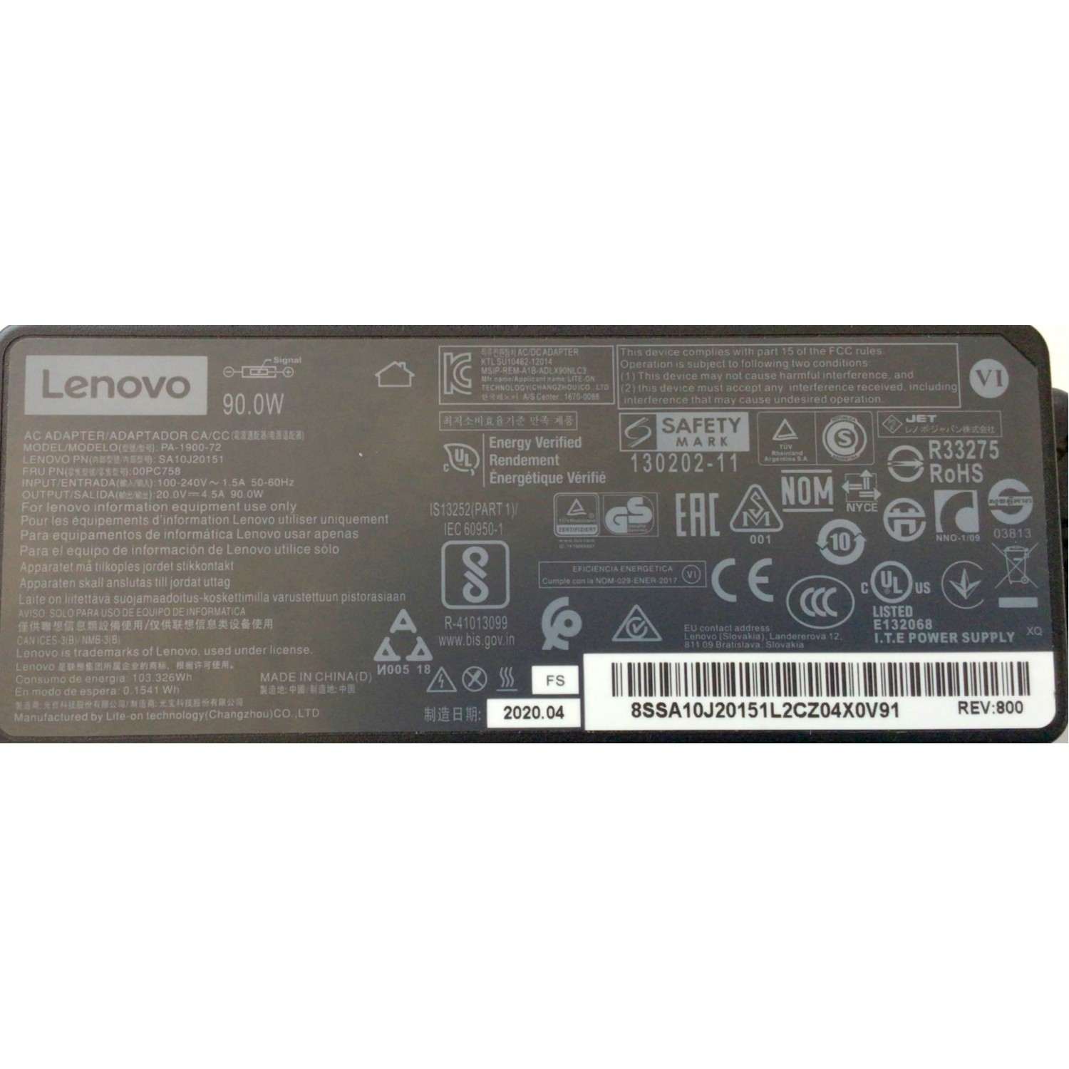 CARGADOR / ADAPTADOR DE FUENTE DE ALIMENTACION LENOVO / NUMERO DE PARTE SA10J20151 / IS13252 / 130202-11 / 00PC758 / 103.326WH / 0.1541WH / ENTRADA VCA 100-240V~1.5A / 50-60HZ / SALIDA VCD 20.0V⎓4.5A / 90.0W MODELO PA-1900-72 - Imagen 4